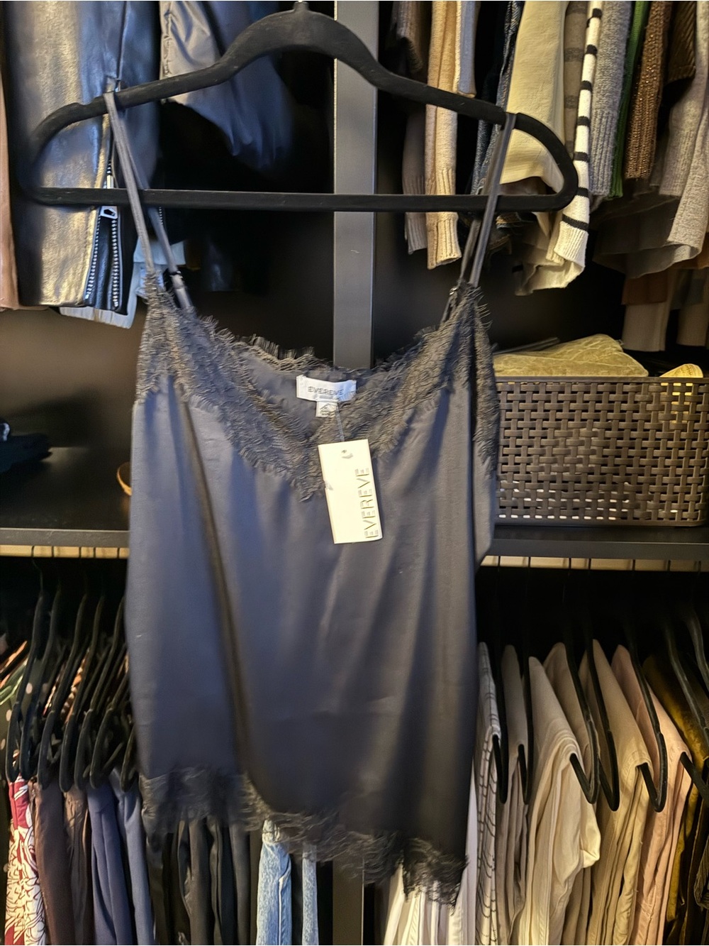 Evereve Black Lace-Trim Satin Slip Cami